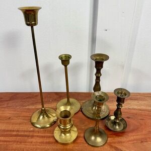 Vintage Solid Brass Candlestick Lot of 6 Mismatched Taper Holders India Taiwan